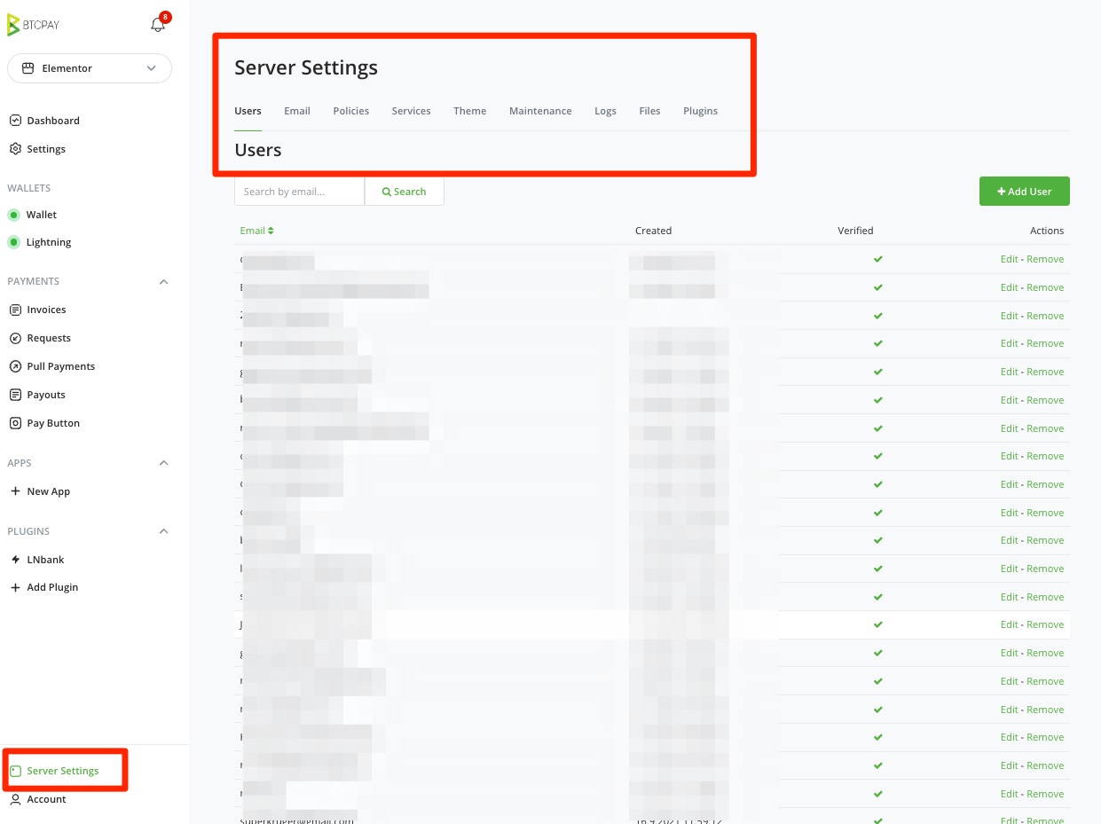 BTCpay Server Settings User