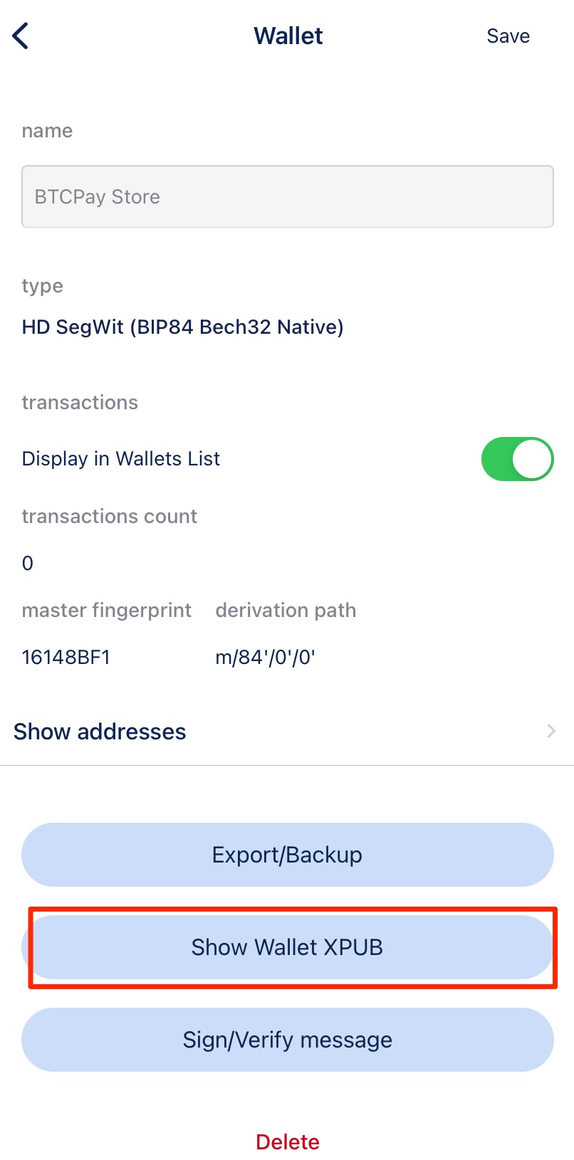 BlueWallet xpub Key