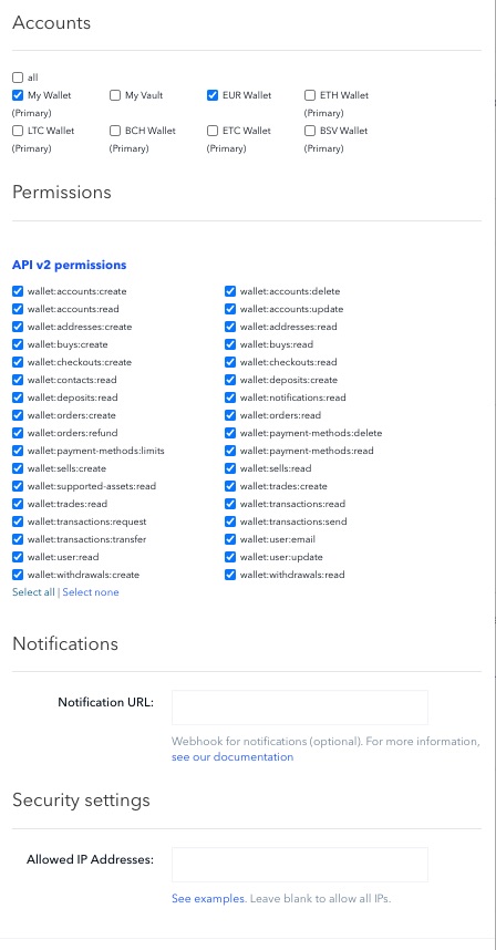 API Berechtigung bei Coinbase API Berechtigung bei Coinbase
