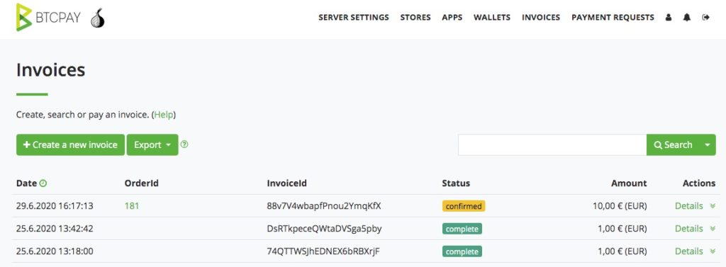 Übersicht der rechnungen bei BTCpay confirmed und complete Übersicht der rechnungen bei BTCpay confirmed und complete