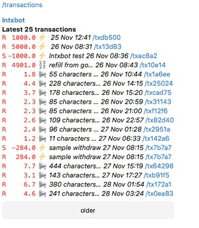 lntxbot transaction overview