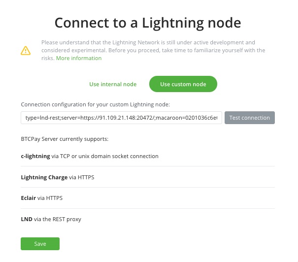 BTCPay Lightning Node hinterlegen als Use custom node BTCPay Lightning Node hinterlegen als Use custom node