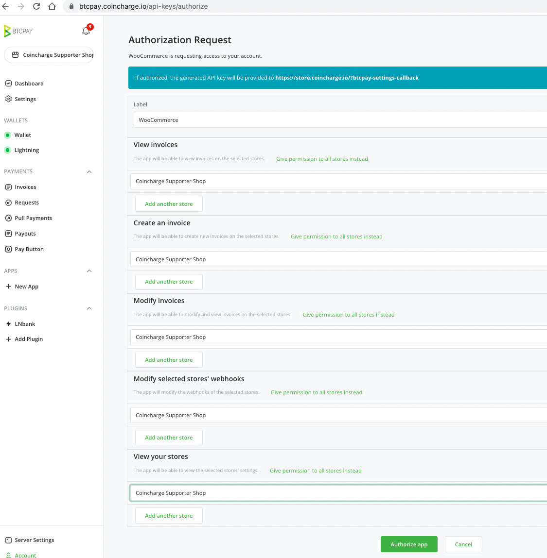 BTCPay WooCommerce Authozation Request