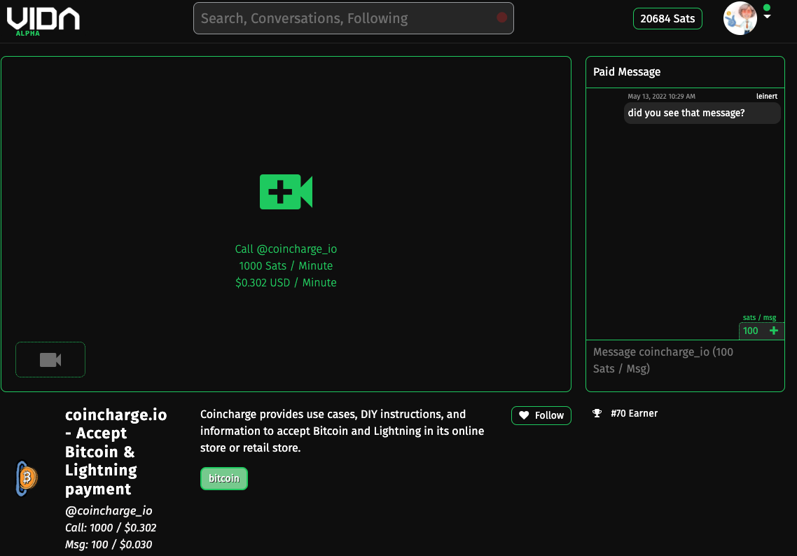 Vida Coincharge Profil Page
