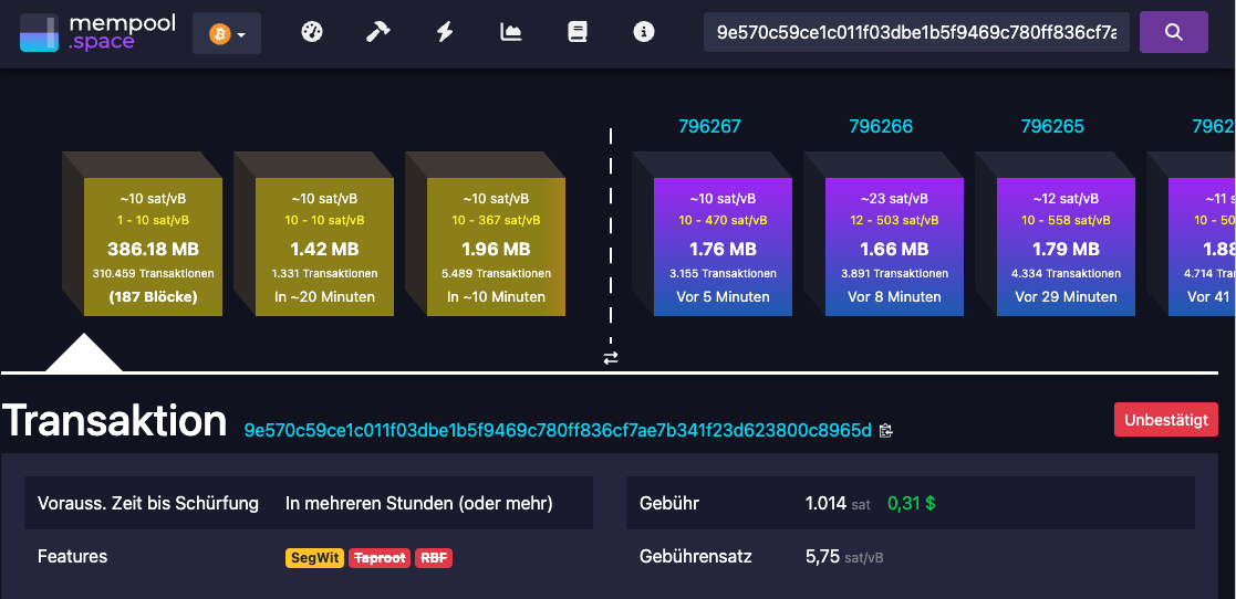 Bitcoin Transaktion im Mempool finden
