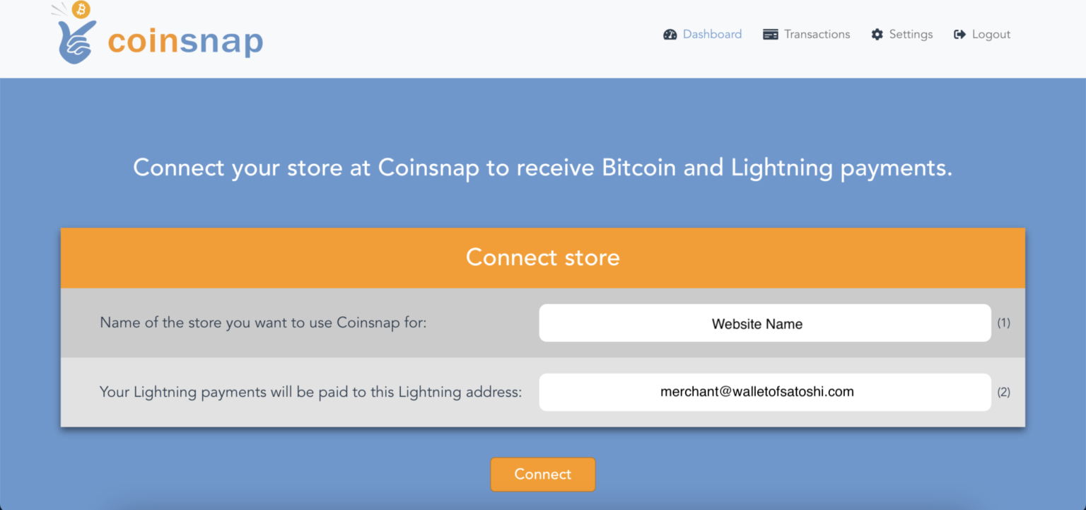 coinsnap webseite hinterlegen