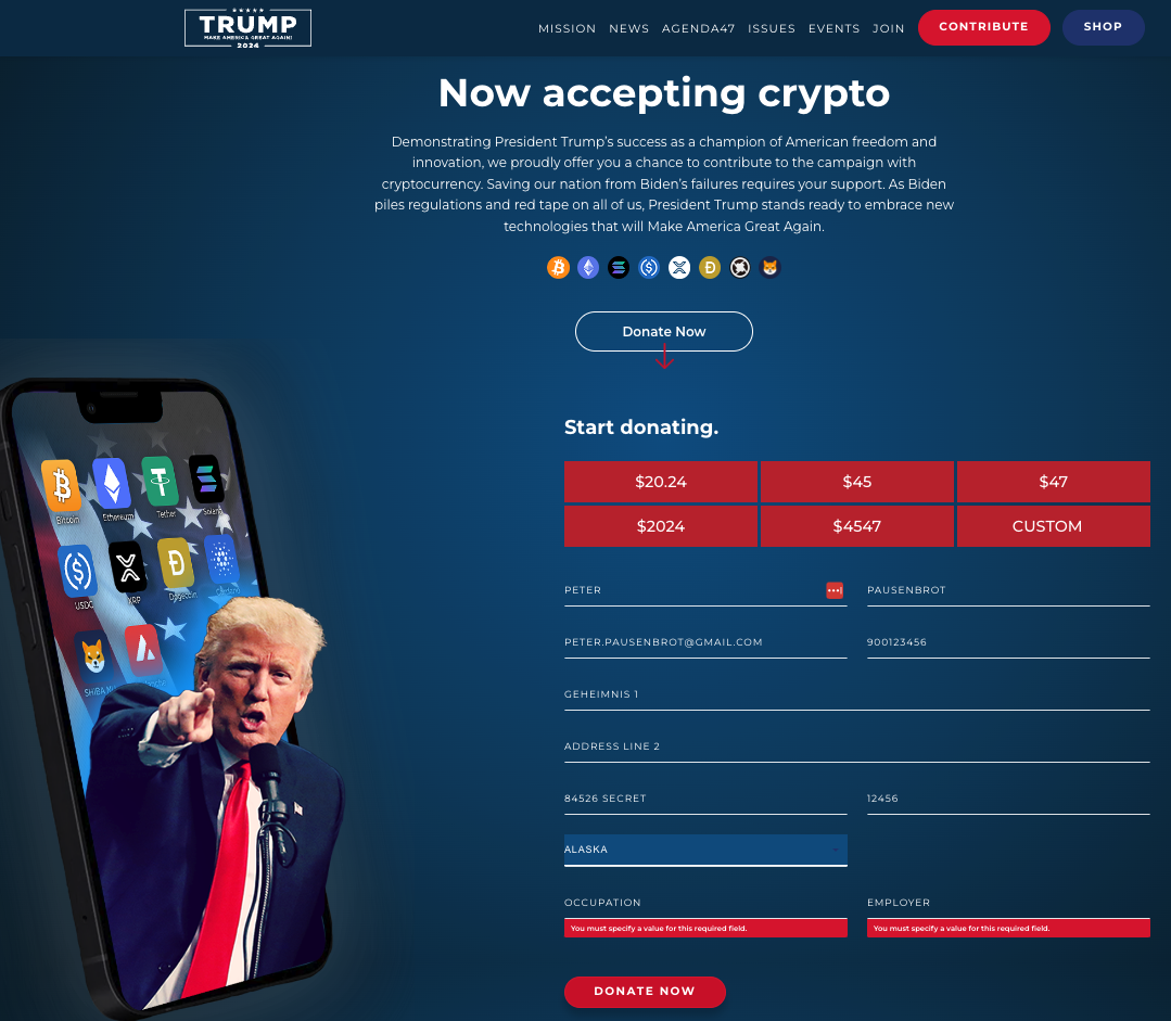 Donald Trump akzeptiert Bitcoin Spenden